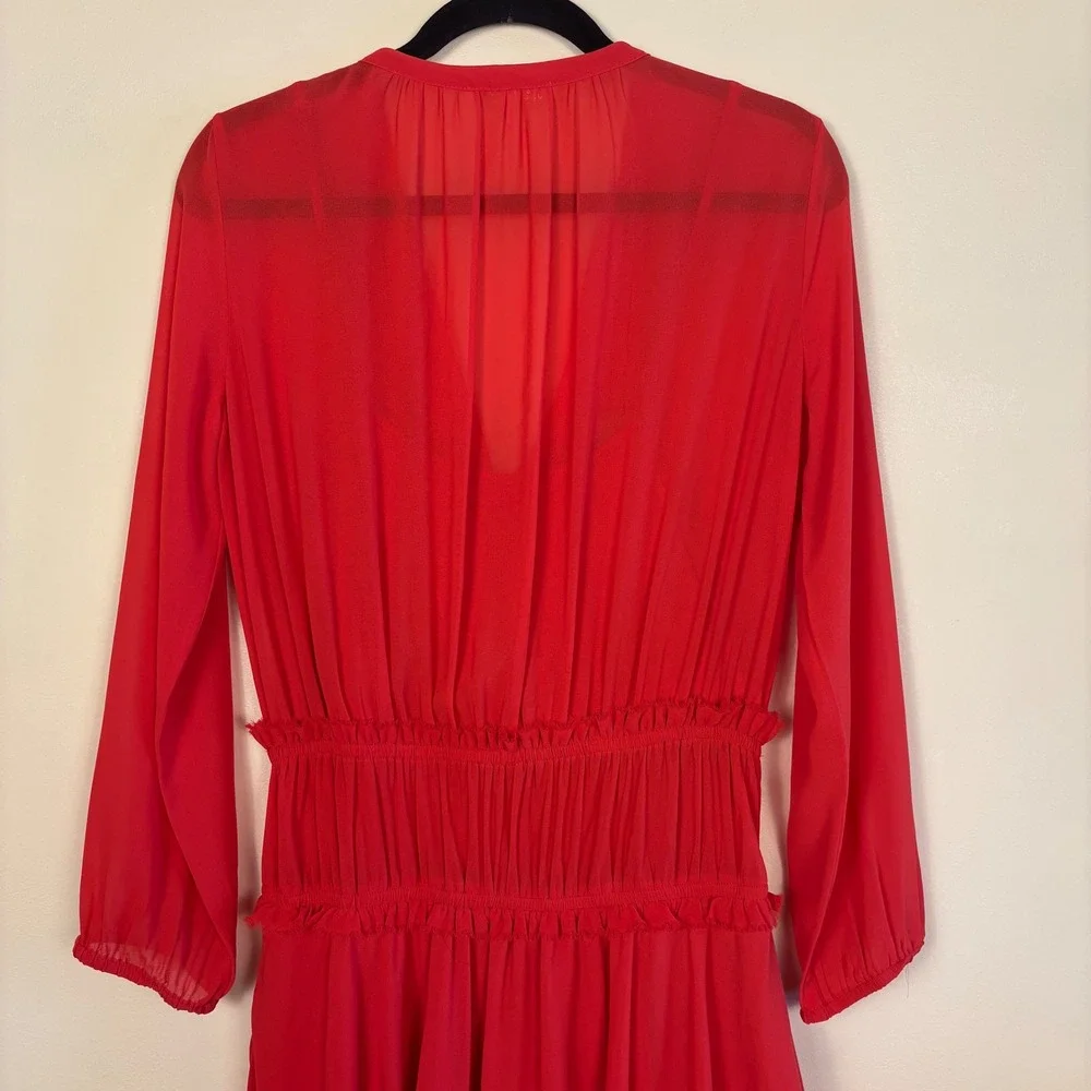 MAJE Rulla Shirred Waist Mini Dress Red Women Size 1 Small Ruffle Skirt Slip